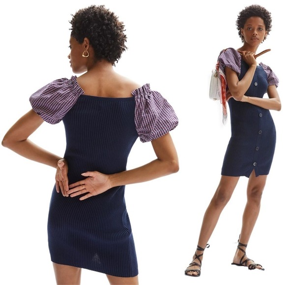 Maeve by Anthropologie Plaid Puff Sleeve Mini Ribbed Sweater Dress Size Small - Picture 1 of 7